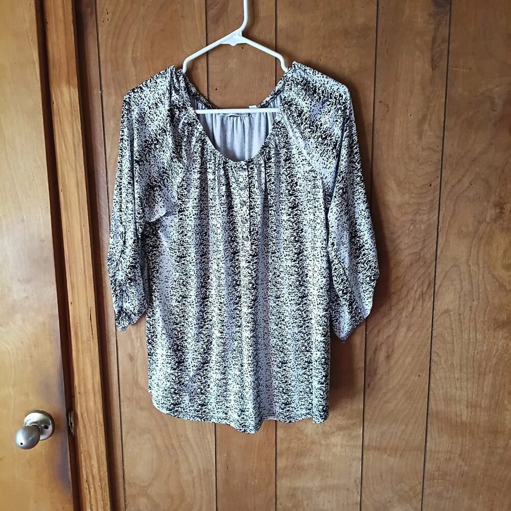 Notations Womens Black White Abstract Print Pullover Top Size Large L 3/4 Sleeve